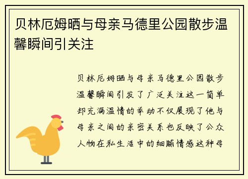 贝林厄姆晒与母亲马德里公园散步温馨瞬间引关注